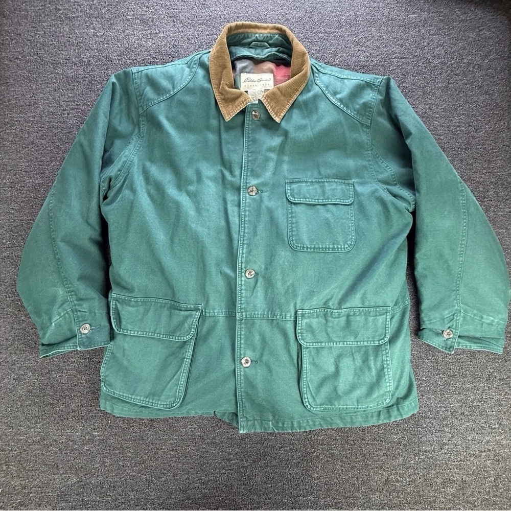 Vtg Eddie Bauer Chore Barn Jacket Green Sz XL Flannel Lined w/ Detachable Liner